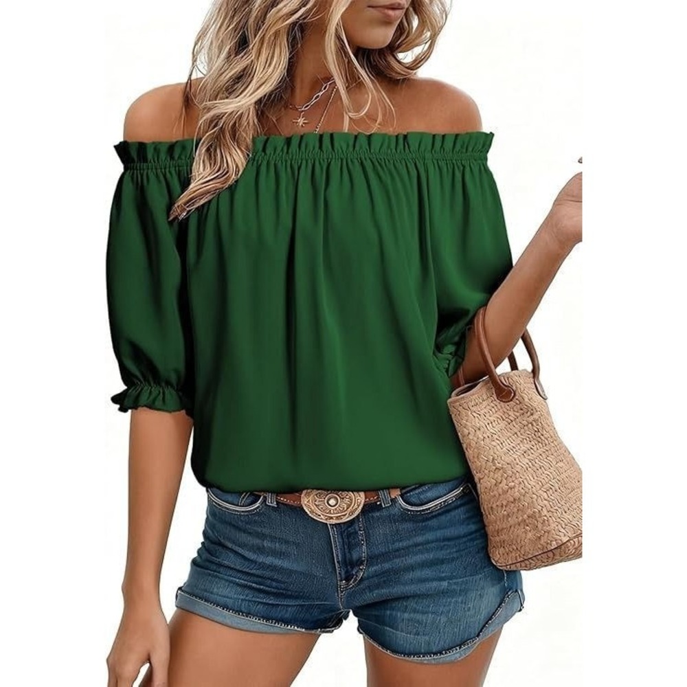 Evaless Women's Off The Shoulder Polyester Puff Sleeve Blouse - Green - XL